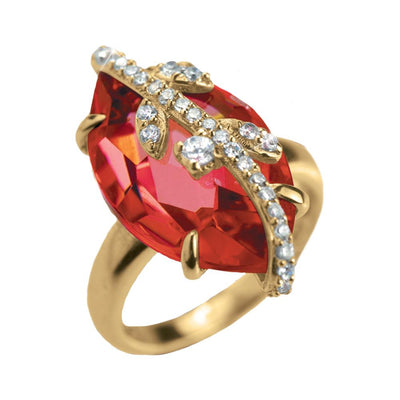 Fire Vine Ring featuring a large red gemstone set in sterling silver with gold plating and adorned with sparkling crystals, designed for women’s jewelry collections.