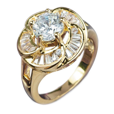 Rose Gold Ring crafted from sterling silver with gold plating, featuring a large central gemstone surrounded by intricate smaller stones, designed for female jewelry enthusiasts.