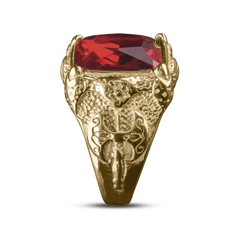 Red Rock Ring featuring a gold-plated stainless steel band with intricate textured detailing, showcasing a bold rectangular red gemstone designed for male jewelry collectors.