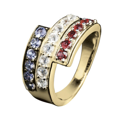 Stripes Ring featuring sterling silver with gold plating, designed for women, adorned with blue, clear, and red gemstones in three elegant stripes.