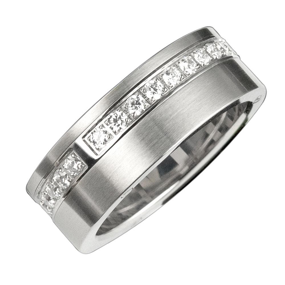 Men's Sentinel Ring crafted from sterling silver featuring a modern design with a row of sparkling clear stones embedded along the band, perfect men's jewelry ring.
