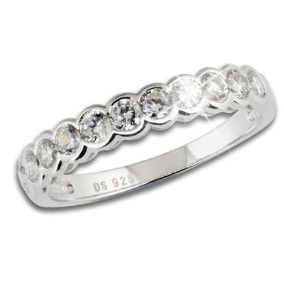 Manhattan Stacker B sterling silver female ring featuring a delicate row of sparkling clear gemstones in an elegant stackable design.