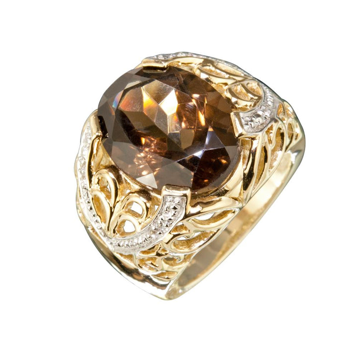 Smokey Topaz Ring featuring a large faceted smokey topaz stone set in sterling silver with gold plating, designed for female jewelry enthusiasts.