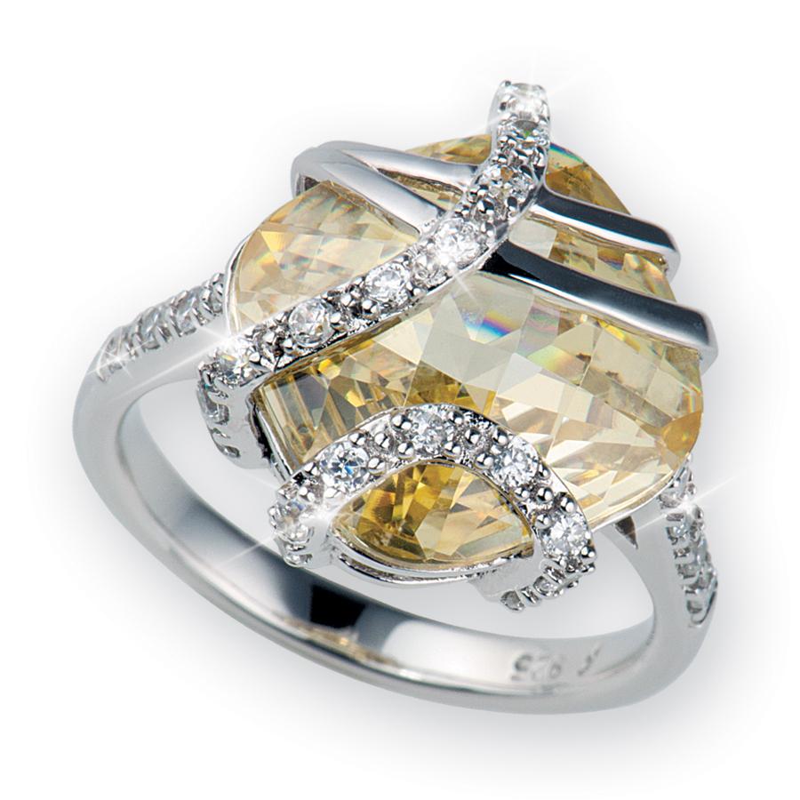 Sterling silver Sunrise Ring for female featuring a large faceted pale yellow gemstone wrapped in intricate bands adorned with sparkling clear crystals, elegant jewelry piece.