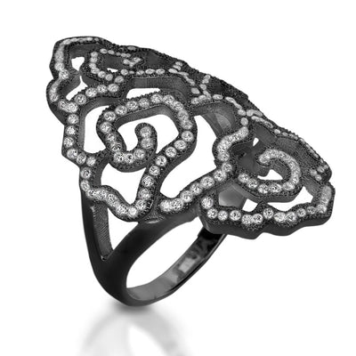 Desert Rose Black Ring featuring a sterling silver design with black and sparkling crystal accents, elegantly crafted for female jewelry lovers.