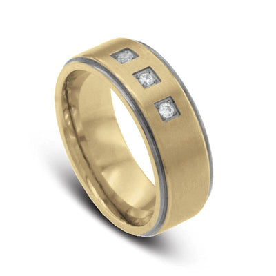 Gateway Diamond Ring featuring a gold-plated stainless steel band designed for males, accented with three embedded sparkling diamonds in a modern, masculine style.
