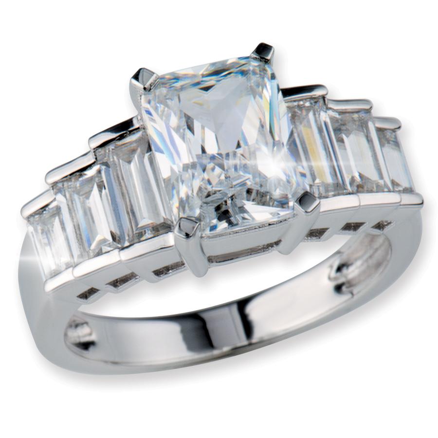 Close-up of a Sterling Silver Trinity Ring featuring a large rectangular clear gemstone centerpiece flanked by smaller rectangular stones, designed for female jewelry enthusiasts.