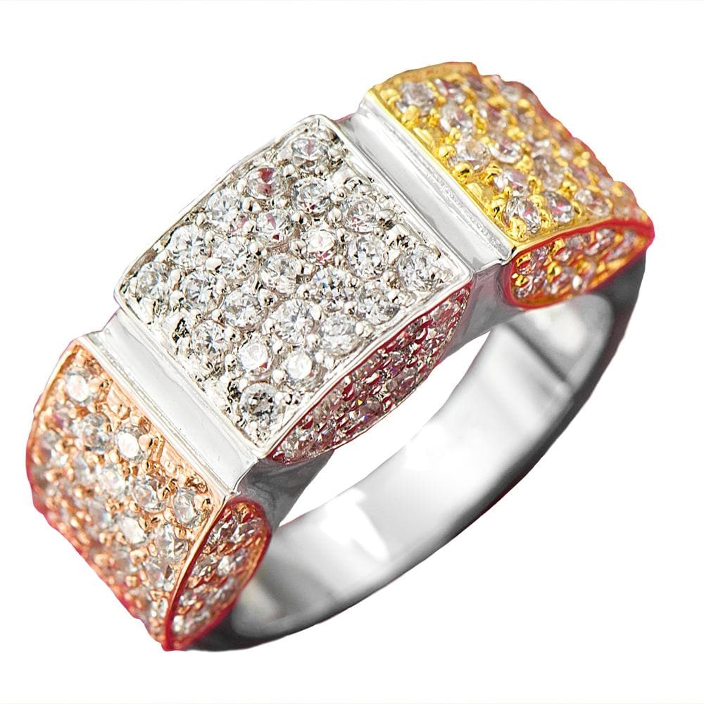Trio Ring in sterling silver with rhodium plating, featuring three sections adorned with sparkling crystals in silver, rose gold, and yellow tones, designed for female jewelry lovers.