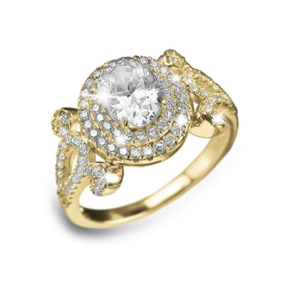 Rococo Ring featuring a sterling silver base plated in gold, adorned with a large central crystal surrounded by smaller sparkling stones in an intricate design for women.