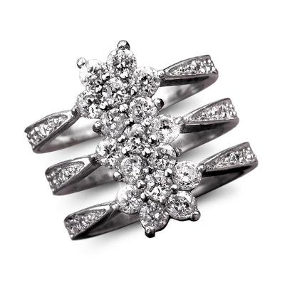 Flower Journey Rhodium Ring featuring sterling silver construction and rhodium plating, adorned with sparkling cluster diamonds, designed for women’s elegant jewelry collections.