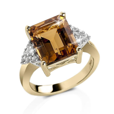 Honey Dew Ring featuring a large square-cut brown gemstone set in sterling silver with gold plating, adorned with small clear stones on the band, designed for women.