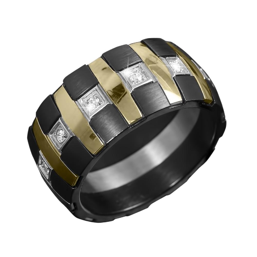 Midnight Men's Ring crafted from stainless steel with a two-tone plating featuring black and gold hues and diamond-like accents for a bold, stylish look.