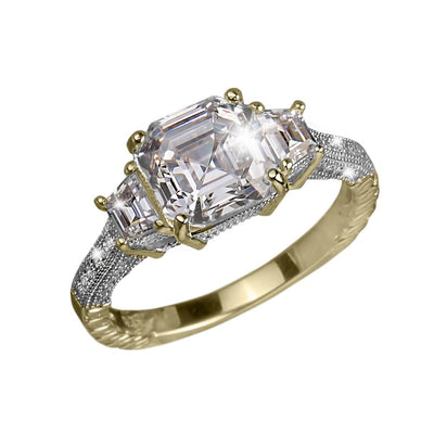 Valdera Ring featuring a two-tone sterling silver band with a large central rectangular gemstone flanked by two smaller rectangular stones, designed for female jewelry.