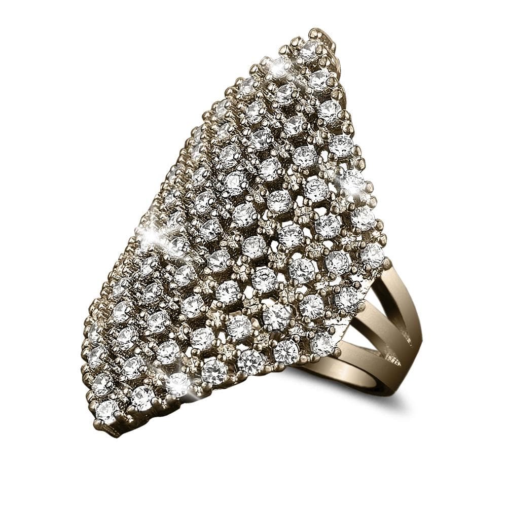 Bella Ring featuring a gold-plated sterling silver design adorned with multiple sparkling stones, crafted for a sophisticated female jewelry collection.