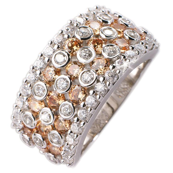 Valencia Ring featuring sterling silver with an intricate design of round champagne and clear stones, showcasing elegant jewelry craftsmanship for women.