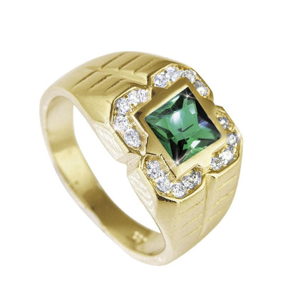Ranger Men's Emerald Ring featuring a sterling silver band with gold plating, showcasing a square emerald center stone surrounded by small clear gemstones.