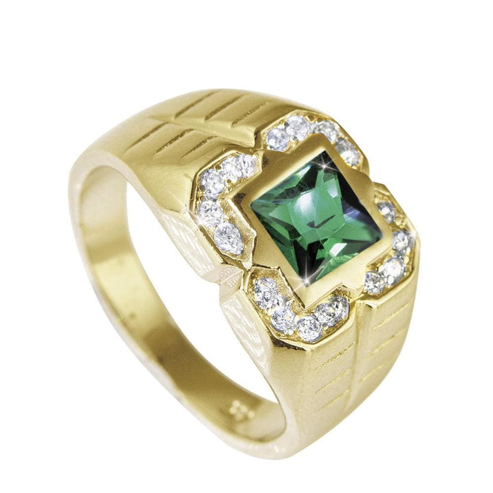 Ranger Men's Emerald Ring featuring a sterling silver band with gold plating, showcasing a square emerald center stone surrounded by small clear gemstones.